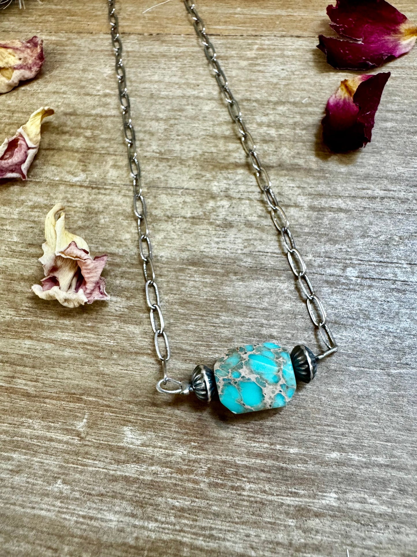 14 inch long necklace with saucer Sterling Silver Pearls and turquoise Verasite